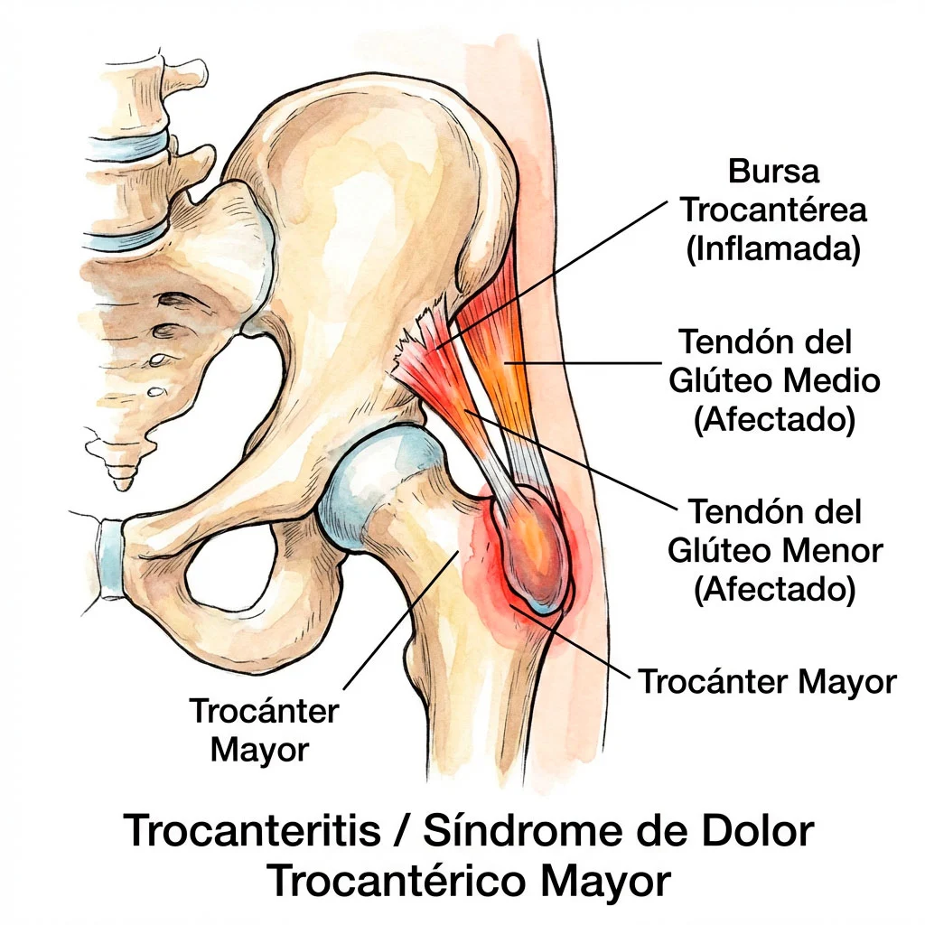 Diagrama de la cadera mostrando la Bursa y tendones afectados por trocanteritis y síndrome de dolor trocantérico mayor.
