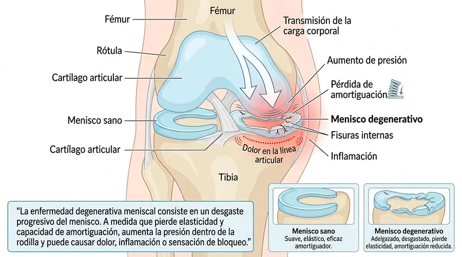 Diagrama médico en español explicativo de una lesión de meniscopatía degenerativa de rodilla, detallando las funciones del menisco sano y las consecuencias del desgaste articular.
